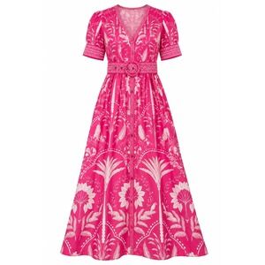 Crown & Ivy Womens Pink Floral Tropical Maxi Dress Belted Cottagecore Boho XL